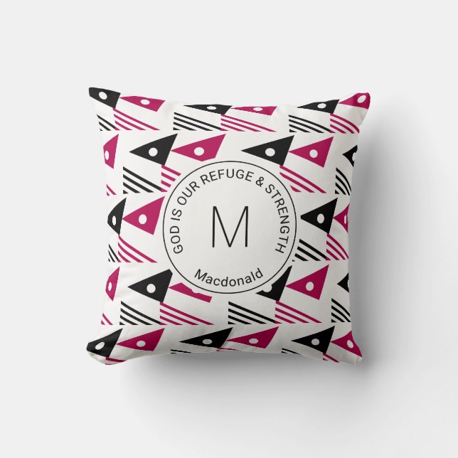 Custom Magenta Black Ethnic Geometric Triangles Cushion (Front)