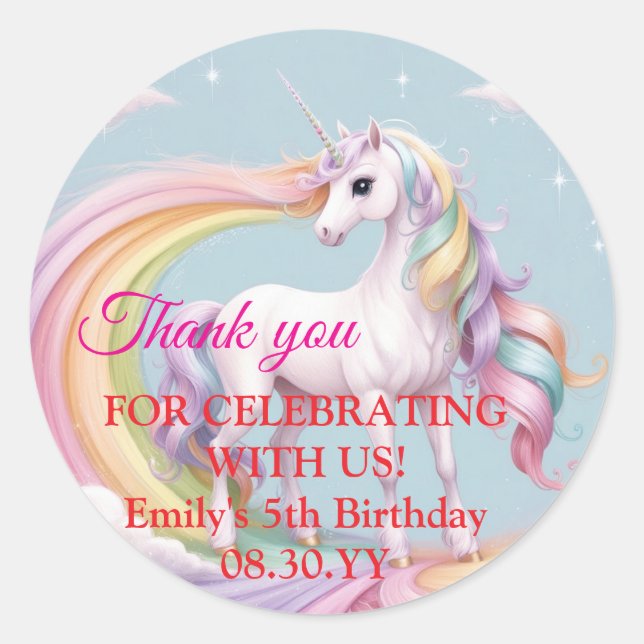 Custom Magical Unicorn Rainbow Birthday Party Classic Round Sticker (Front)