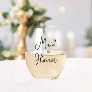 Custom Maid Of Honour Black Text Font Stemless Wine Glass