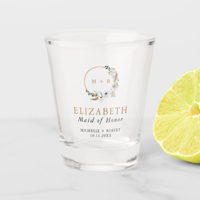 Custom Maid of Honour Gift Boho Wreath Wedding  Shot Glass (Front)