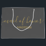 Custom Maid of Honour Name Girly Gold Script Grey Large Gift Bag<br><div class="desc">Personalised Modern Girly Chic Feminine Gold Script Grey Maid of Honour Gift Bag
Customised gift bags for your event! 
A perfect touch to your wedding,  reception,  shower,  party or event.</div>