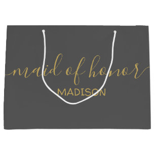 Custom Maid of Honour Name Girly Gold Script Grey Large Gift Bag