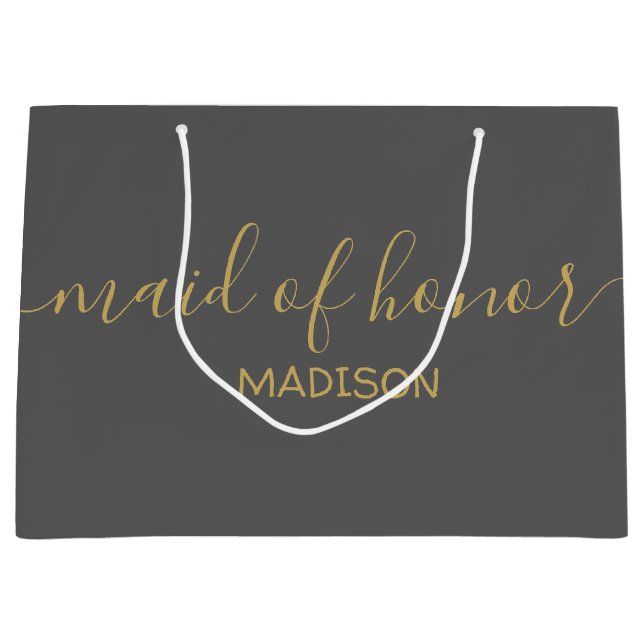 Custom Maid of Honour Name Girly Gold Script Grey Large Gift Bag (Front)