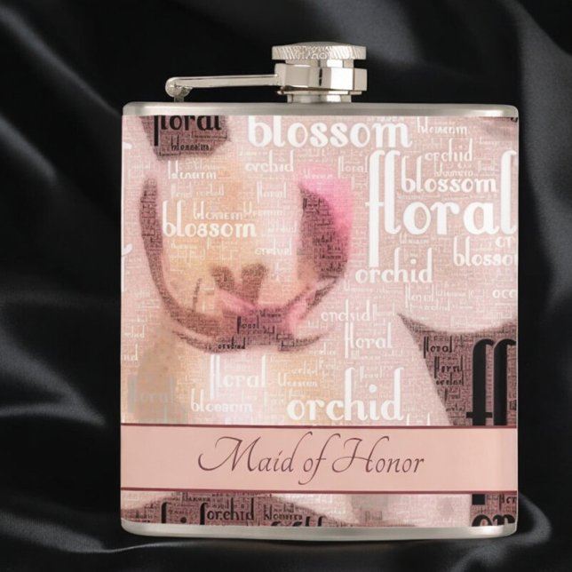 Custom Maid of Honour Rose Gold Orchid Floral Hip Flask (flask front with template text)
