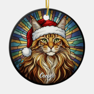 Custom Maine Coon Cat Santa Hat Stained Glass Ceramic Tree Decoration