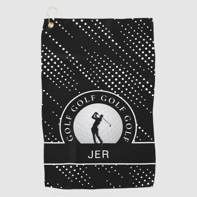 Custom Male Golfer Silhouette Pattern Black White  Golf Towel (Front)