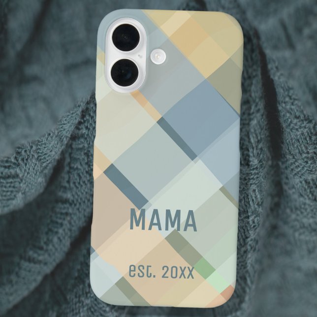 Custom Mama Established Year Pastel Check Plaid iPhone 16 Case (Creator Uploaded)