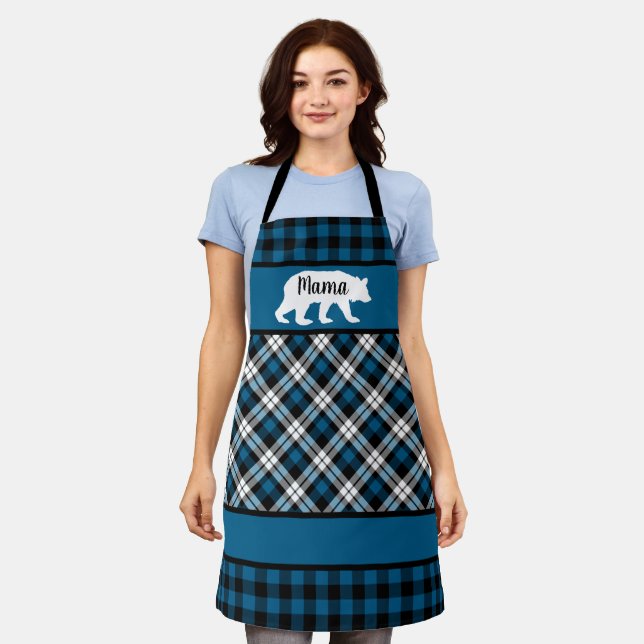 Custom Mama Papa Bear On Blue Black Buffalo Checks Apron (Worn)
