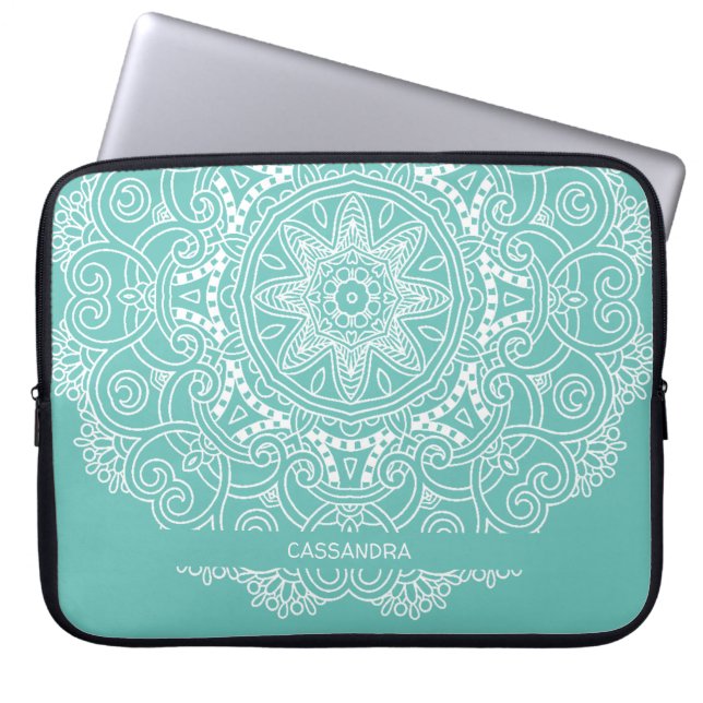 Custom Mandala Art Pattern On Light Teal Blue Laptop Sleeve (Front)