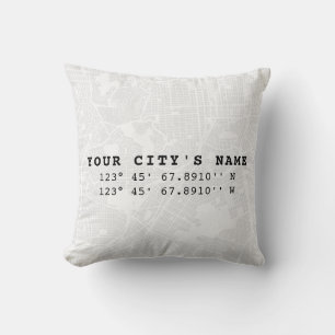 Custom Map & Coordinates   Black & White Cushion