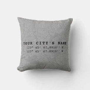 Custom Map & Coordinates   Light Grey & Black Cushion
