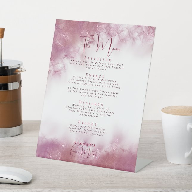 Custom Marble watercolor wedding Table Menu items Pedestal Sign (In SItu)
