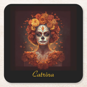 Custom Marigold Catrina Día de los Muertos Square Paper Coaster