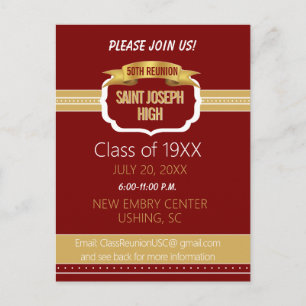 Custom Maroon 50th Class Reunion Invite Postcard