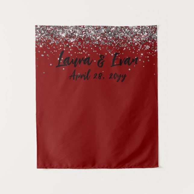 Custom Maroon Black Silver Wedding Photobooth Prop Tapestry (Front)