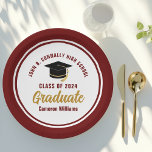 Custom Maroon Gold Graduate 2024 Graduation Party Paper Plate<br><div class="desc">These modern maroon and gold custom graduation party plates feature classy typography of your university or college name for the class of 2024. Customise with your graduating year next to the chic handwritten script and black grad cap for great personalised congratulations graduate party decor.</div>