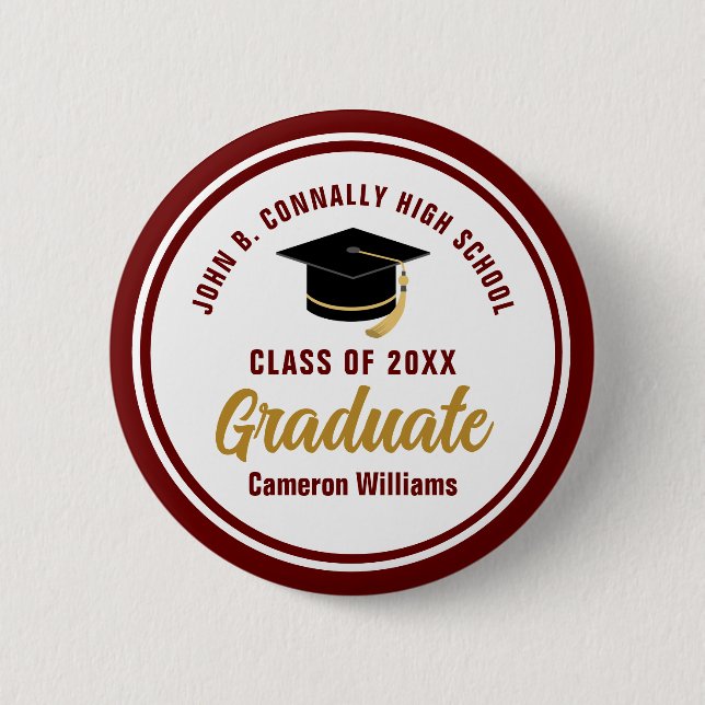 Custom Maroon Gold Graduate 2025 Graduation Party 6 Cm Round Badge (Front)
