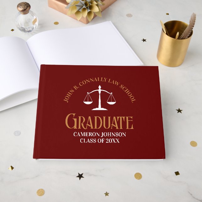 Custom Maroon Gold Law School Graduation Party Guest Book (Front Open)