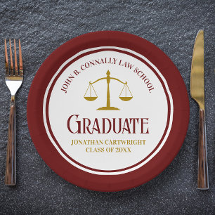 Custom Maroon Gold Law School Graduation Party Paper Plate