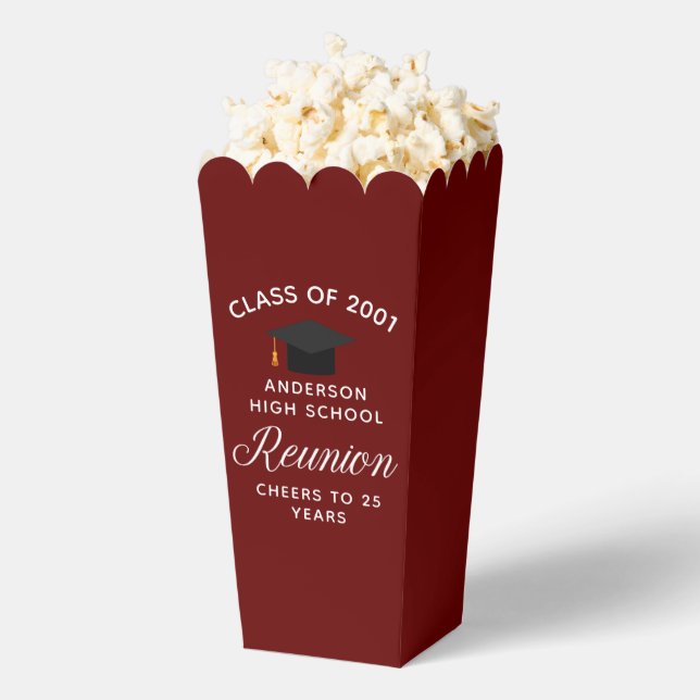 Custom Maroon High School Reunion Party Popcorn Favour Box (Popped)