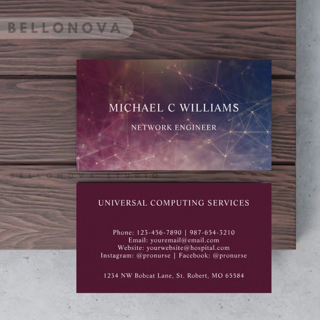 Custom Maroon Red Blue Particles Circuit  Business Card (Custom Maroon Red Blue Particles Circuit Business Card)
