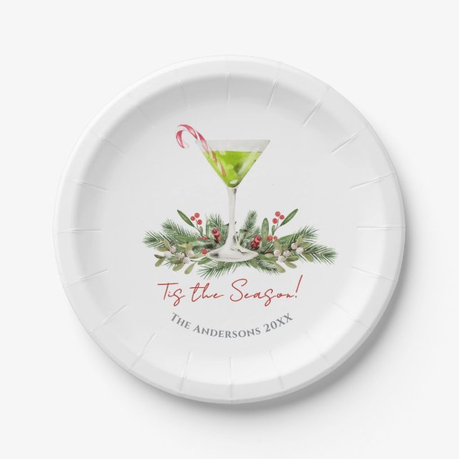 Custom Martini and Mistletoe Christmas Paper Plate (Front)