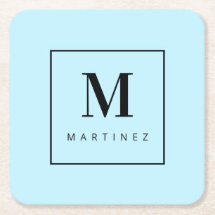 Custom Marvellous Monogram Light Blue Square Paper Coaster