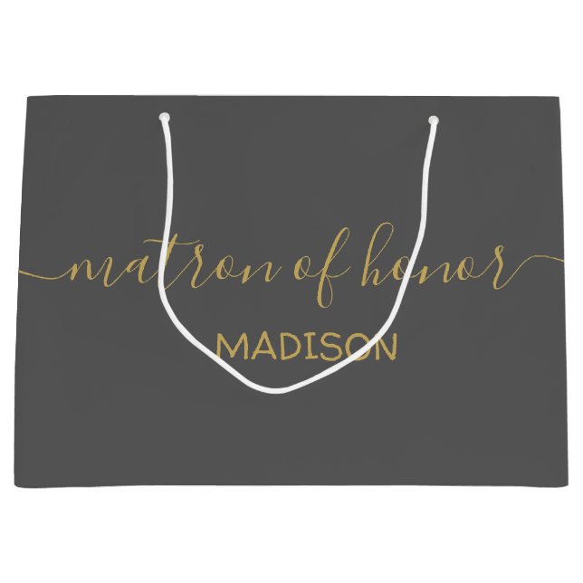 Custom Matron of Honour Name Girly Gold Script Gre Large Gift Bag (Front)
