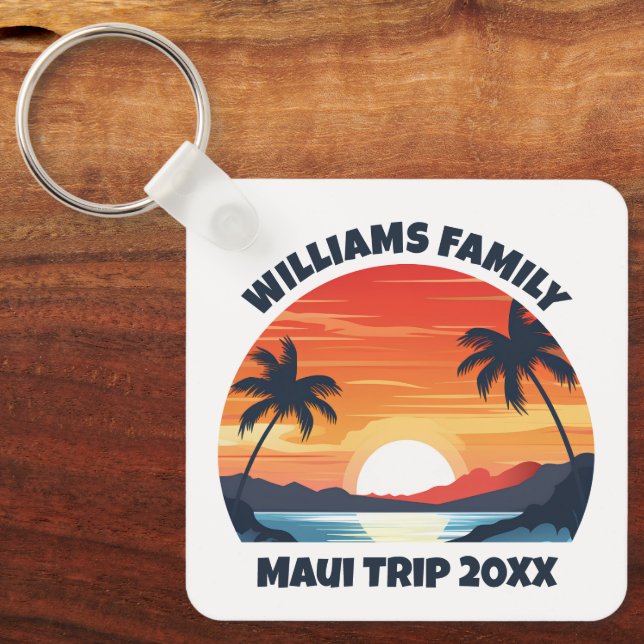 Custom Maui Trip Cool Sunrise Palm Trees Key Ring (Front)