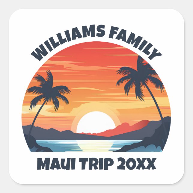 Custom Maui Trip Cool Sunrise Palm Trees Square Sticker (Front)