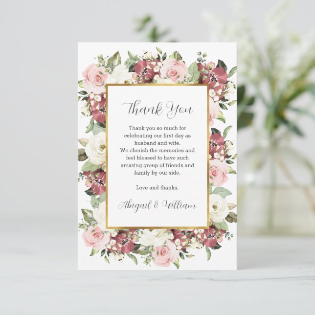Custom Mauve Pink Florals Gold Frame Sage Green  Thank You Card (Standing Front)