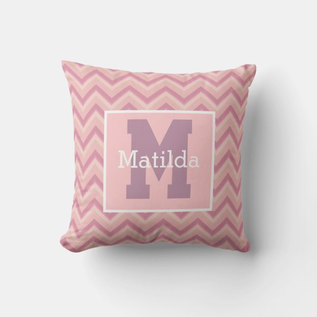 Custom Mauve Purple Pink Chevron Monogram Name Cushion (Front)