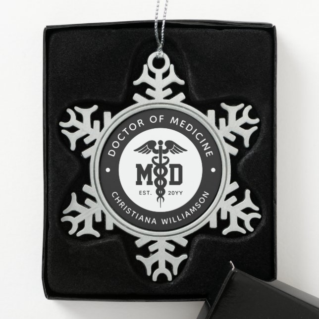 Custom MD Doctor of Medicine Doctor Graduation Snowflake Pewter Christmas Ornament (Box)