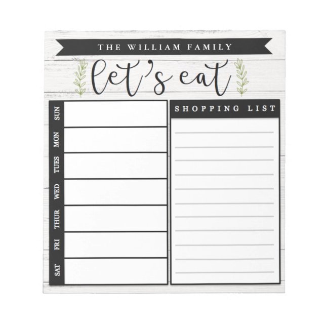Custom Meal Planner and Grocery List Notepad (Front)
