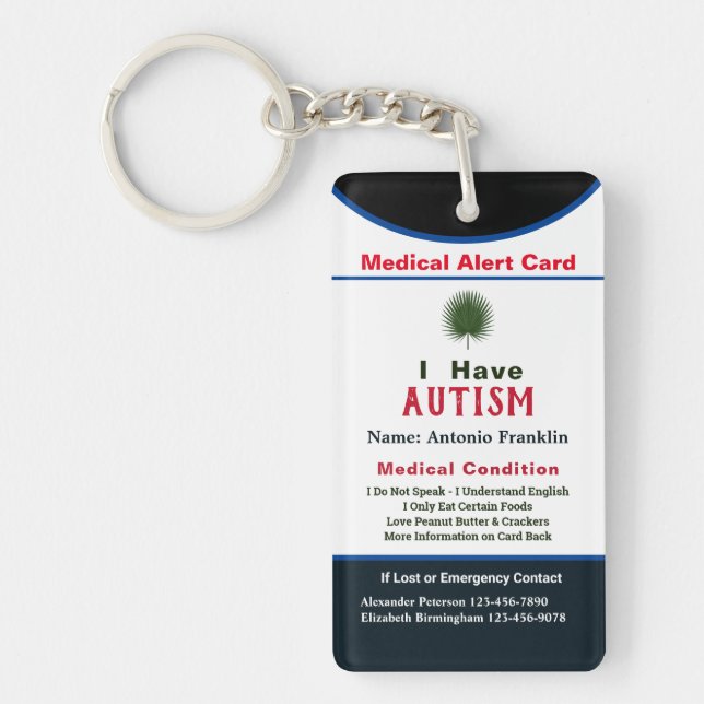 Custom Medical Alert Emergency Contact Card Key Ring (Front)