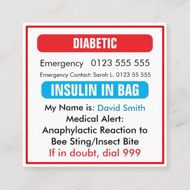 Custom Medical Alert Red Diabetic Card  (Front)