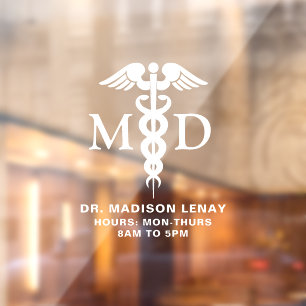 Custom Medical Doctor MD Caduceus Business Hours Window Cling
