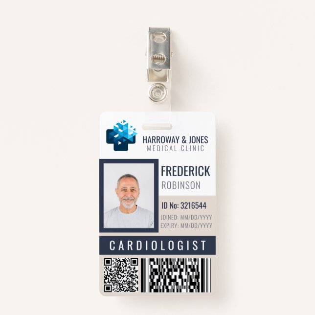 Custom Medical Staff Photo ID With QR & Barcode ID Badge (Front with Clip)