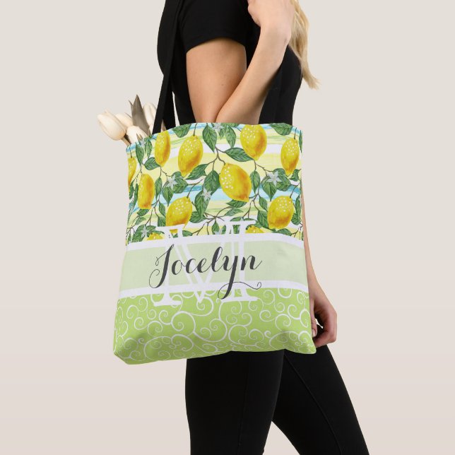 Custom Mediterranean Summer Lemon Fruit Pattern Tote Bag (Close Up)
