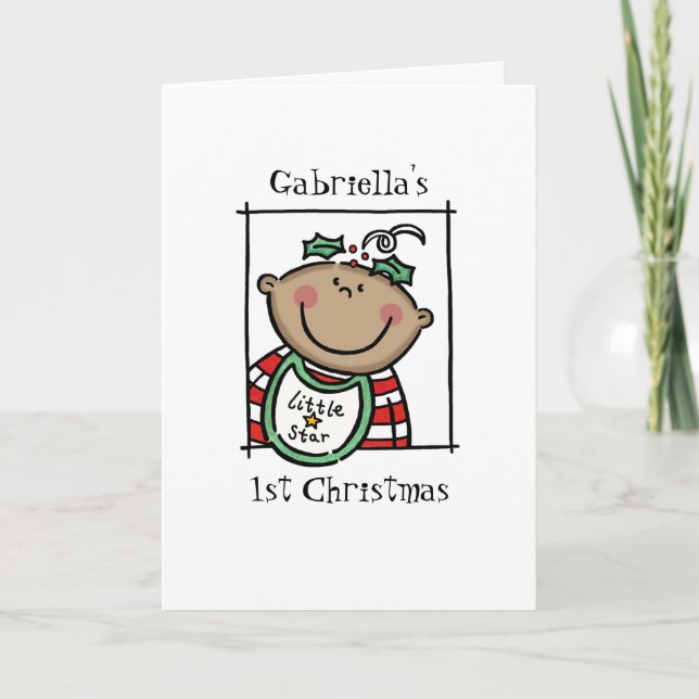 Custom Medium Skin Tone Baby's First Christmas Holiday Card (Front)