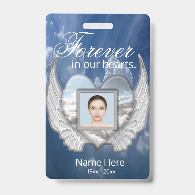 Custom Memorial Angel Wings Heart Add Photo ID Badge (Front)