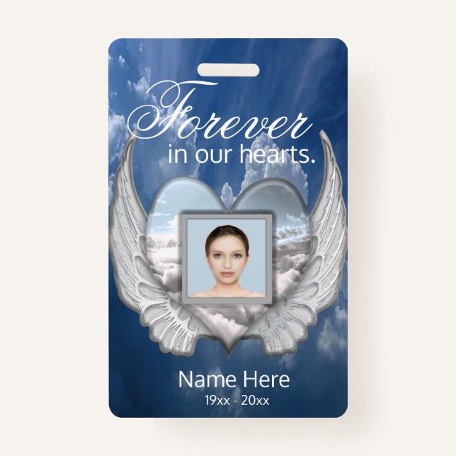 Custom Memorial Angel Wings Heart Add Photo ID Badge (Front)