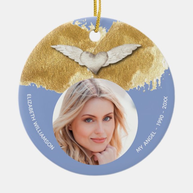 Custom Memorial Angel Wings Keepsake Photo Ceramic Tree Decoration (Front)