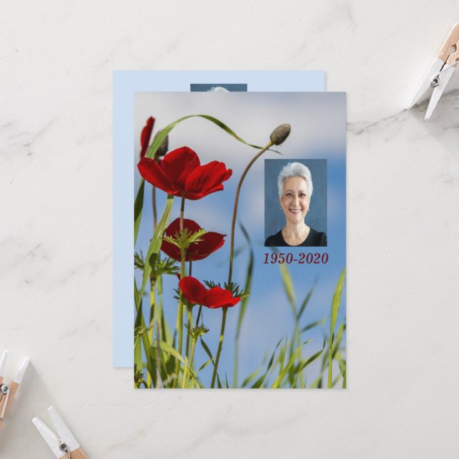 Custom Memorial Service Red Anemone Garden Flower  Invitation (Front/Back In Situ)