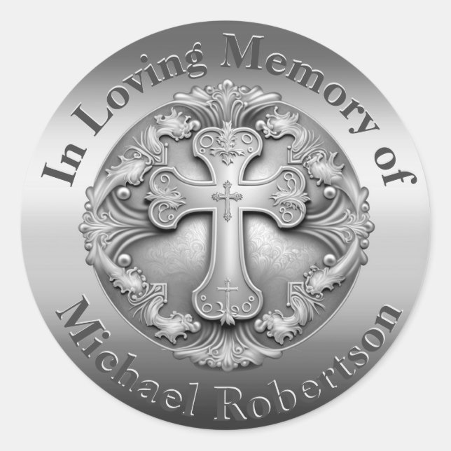 Custom Memorial with Cross Classic Round Sticker (Front)