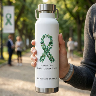Custom Mental Health Sage Green Botanical Ribbon Water Bottle