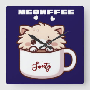 Custom Meowffee Cute Coffee Cat Square Wall Clock