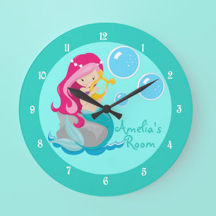 Custom Mermaid Girl Teal Large Clock