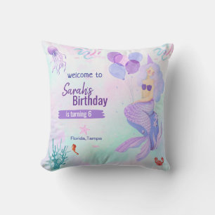 custom mermaid theme birthday girl purple  cushion