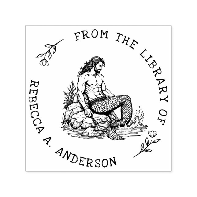 Custom Merman on Rock with Chain Bookplate Stamp (Design)